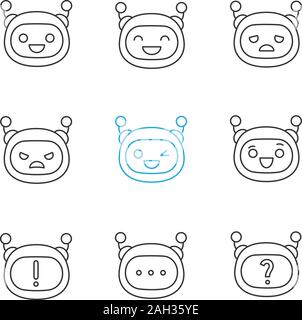 Roboter emojis lineare Symbole gesetzt. Thin Line Kontur Symbole. Chatbot Emoticons. Chat bot Smileys. Künstliche Intelligenz. Virtueller Assistent. Isolierte ve Stock Vektor