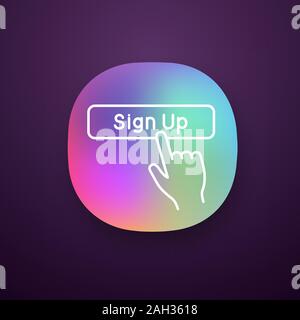 Melden Sie sich an, klicken Sie auf die Schaltfläche Symbol der App. UI/UX-Benutzeroberfläche. Neuen Benutzer anmelden. Die Mitgliedschaft. Hand drücken der Taste. Web oder mobile Anwendungen. Vektor Isola Stock Vektor
