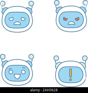 Roboter emojis farbige Symbole gesetzt. Chatbot Emoticons. Traurig, wütend, glücklich Chat bot Smileys. Chatbot Benachrichtigung. Künstliche Intelligenz. Virtueller Assistent. Stock Vektor