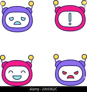 Roboter emojis farbige Symbole gesetzt. Chatbot Emoticons. Traurig, wütend, glücklich Chat bot Smileys. Chatbot Benachrichtigung. Künstliche Intelligenz. Virtueller Assistent. Stock Vektor