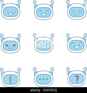Roboter emojis farbige Symbole gesetzt. Chatbot Emoticons. Chat bot Smileys. Künstliche Intelligenz. Virtueller Assistent. Künstliche conversational Entität. Isola Stock Vektor