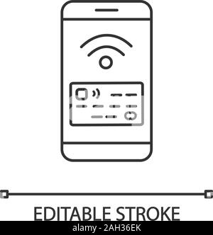 NFC Smartphone Signal linear Symbol. NFC-Handy. Dünne Linie Abbildung. Telefon kontaktloses Bezahlen. Telefon Bildschirm mit Kreditkarte. Kontur Symbol. Ve Stock Vektor