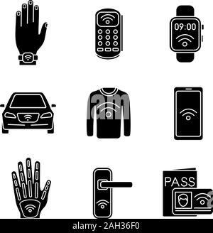 NFC-Technologie Glyphe Symbole gesetzt. In der Nähe von Feld Armband, POS-Terminal, erobert, Auto, Kleidung, Smartphone, Implantat, Türverriegelung, Identification System. Si Stock Vektor