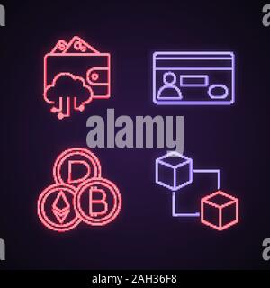E-Payment Neon Licht Symbole gesetzt. E-Wallet, Kreditkarte, cryptocurrency, blockchain. Leuchtende Zeichen. Vektor isoliert Abbildungen Stock Vektor
