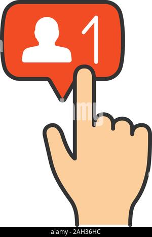Neue follower klicken Sie auf die Schaltfläche Farbe klicken. Social media Teilnehmer. Neuen Freund. Hand drücken der Taste. Isolierte Vector Illustration Stock Vektor