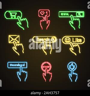 Klicken Sie auf Schaltflächen Neon Licht Symbole. Kaufen, mag Counter, Suche Bar, Nachricht, wie, Download, Start, Daumen hoch. Leuchtende Zeichen. Vektor isoliert Abbildungen Stock Vektor