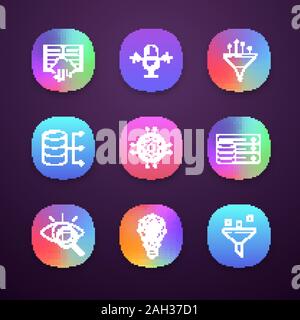 Machine Learning App Icons einstellen. UI/UX-Benutzeroberfläche. Künstliche Intelligenz. Datenbank. AI. Die digitale Technologie. Web oder mobile Anwendungen. Vektor ist Stock Vektor
