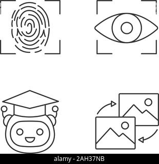 Machine Learning lineare Symbole gesetzt. Scannen von Fingerabdrücken, Iriserkennung, Lehrer bot, die Umwandlung von Daten. Thin Line Kontur Symbole. Isolierte Vektor Stock Vektor