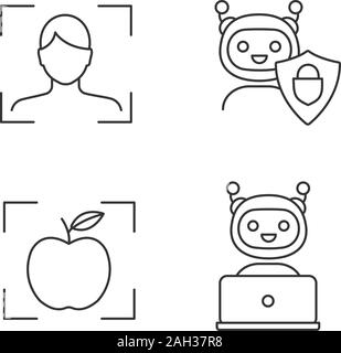 Machine Learning lineare Symbole gesetzt. Gesichtserkennung, gesicherte Chatbot, Objekterkennung app, Bot chatten. Thin Line Kontur Symbole. Isolierte Vektor heraus Stock Vektor