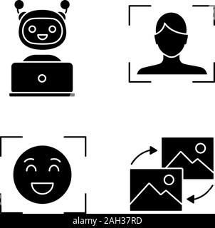 Machine Learning Glyphe Symbole gesetzt. Chatbot, Gesichtserkennung, Emotion Detection, Daten zu transformieren. Silhouette Symbole. Vektor isoliert Abbildung Stock Vektor