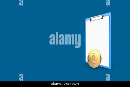 Euro Symbol auf einem Klemmbrett mit White Papers vor blauem Hintergrund. Bild mit hoher Auflösung für alle ihre Ernte Anforderungen ausgelegt ist. 3D-Rendering. Stockfoto