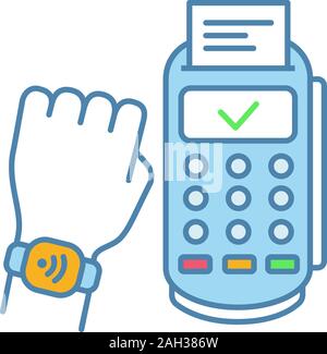 NFC smartwatch Farbe Symbol. Near Field Communication Payment Terminal. Smart Armbanduhr. Das kontaktlose Bezahlen mit NFC erobert. Isolierte Vektor illus Stock Vektor