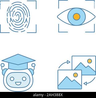Machine Learning color Symbole gesetzt. Scannen von Fingerabdrücken, Iriserkennung, Lehrer bot, die Umwandlung von Daten. Isolierte Vektorgrafiken Stock Vektor
