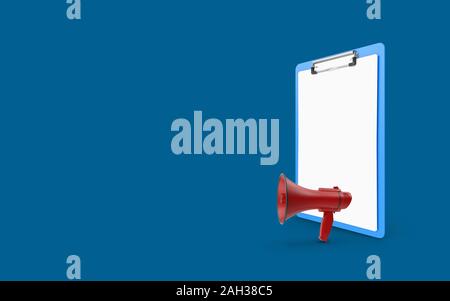 Megaphon Symbol auf einem Klemmbrett mit White Papers vor blauem Hintergrund. Bild mit hoher Auflösung für alle ihre Ernte Anforderungen ausgelegt ist. 3D-Rendering. Stockfoto