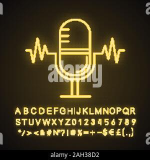 Spracherkennung Neonlicht Symbol. Sprachsteuerung. Mikrofon. Ton. Leuchtende Zeichen mit Alphabet, Zahlen und Symbolen. Vektor isolat Stock Vektor
