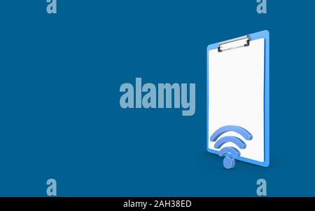 Wlan Symbol auf einem Klemmbrett mit White Papers vor blauem Hintergrund. Bild mit hoher Auflösung für alle ihre Ernte Anforderungen ausgelegt ist. 3D-Rendering. Stockfoto