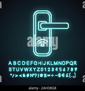 NFC Türschloss Neonlicht Symbol. Near Field Communication Vorhängeschloss. Die kontaktlose Technologie. Leuchtende Zeichen mit Alphabet, Zahlen und Symbolen. Vektor isol Stock Vektor