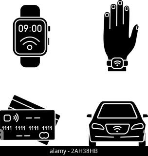 NFC-Technologie Glyphe Symbole gesetzt. In der Nähe von Feld erobert, Armband, Kreditkarten, Auto. Silhouette Symbole. Vektor isoliert Abbildung Stock Vektor