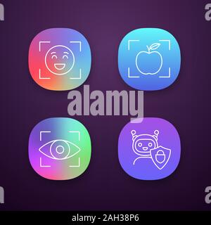 Machine Learning App Icons einstellen. Gesichtserkennung, Objekterkennung, Retina scan, gesicherte chatbot. UI/UX-Benutzeroberfläche. Web oder mobile Anwendungen. Stock Vektor