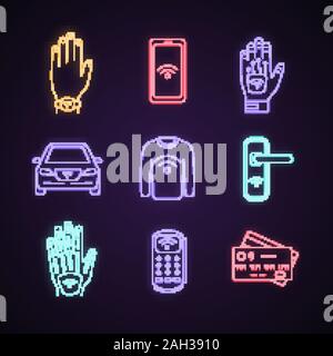 NFC-Technik Neon Licht Symbole gesetzt. In der Nähe von Feld erobert,  Armband, Kreditkarten, Auto. Leuchtende Zeichen. Vektor isoliert  Abbildungen Stock-Vektorgrafik - Alamy