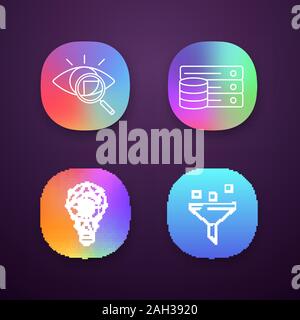 Machine Learning App Icons einstellen. Retina scan, Datenbank, Innovationsprozess, Filtern von Daten. UI/UX-Benutzeroberfläche. Web oder mobile Anwendungen. Vektor ist Stock Vektor