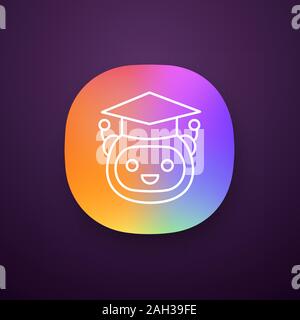 Machine Learning Symbol der App. Künstliche Intelligenz. UI/UX-Benutzeroberfläche. Lehrer bot. Graduierte Roboter. Chatbot. Bot im Abschluss hat. Web oder Mobil Stock Vektor
