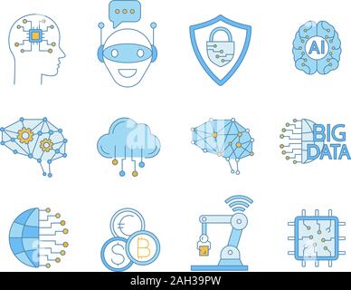 Künstliche Intelligenz farbige Symbole gesetzt. AI. Internet der Dinge. Digital Network. Neurotechnologie. Isolierte Vektorgrafiken Stock Vektor
