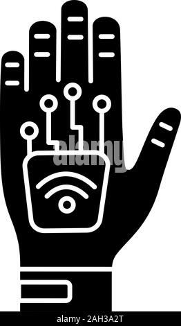 Der Mikrochip in der hand Glyph icon Implantat. NFC-Implantat. Implantierte RFID-Transponder. Silhouette Symbol. Negativer Platz. Vektor isoliert Abbildung Stock Vektor