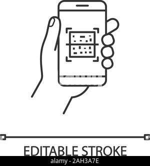 QR-Code smartphone Scanner lineare Symbol. Dünne Linie Abbildung. Quick Response Code. Matrix Barcode Scanning Mobile Phone app. Kontur Symbol. Vektor Stock Vektor