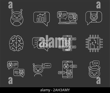 Chatbots chalk Symbole gesetzt. Chat Bots. Talkbots. Virtuelle Assistenten. Support, Chat, Code, Messenger Bots. Online Helfer. Isolierte vektor Tafel krank Stock Vektor