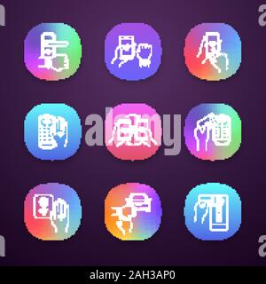 NFC-Technologie App Icons einstellen. NFC-Armband, Türverriegelung, Datenübertragung, Smartphone, Auto. Near Field Communication. UI/UX-Benutzeroberfläche. Web oder Mobile ein Stock Vektor