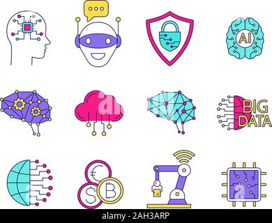 Künstliche Intelligenz farbige Symbole gesetzt. AI. Internet der Dinge. Digital Network. Neurotechnologie. Isolierte Vektorgrafiken Stock Vektor