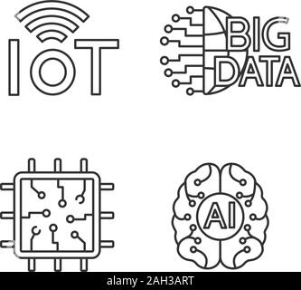 Künstliche Intelligenz lineare Symbole gesetzt. Thin Line Kontur Symbole. Neuronales Netz. Neurotechnologie. Internet der Dinge, große Daten, Chip, AI. Isoliert Stock Vektor