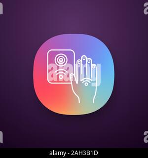 NFC-Lesegerät App Symbol. RFID-Zugangskontrolle. UI/UX-Benutzeroberfläche. NFC-Taste und hand Aufkleber. Near Field Communication. RFID-Fahrstuhl Controller. Web o Stock Vektor