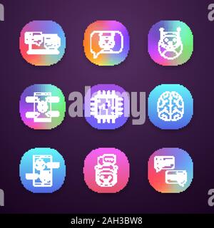 Chatbots App Icons einstellen. UI/UX-Benutzeroberfläche. Talkbots. Support Service, Chat, Messenger Bots. Moderne Roboter. Digitale Gehirn und Prozessor. Web- oder Mobi Stock Vektor