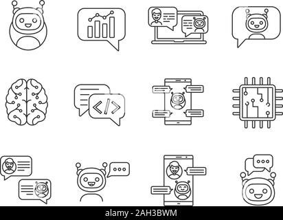 Chatbot lineare Symbole gesetzt. Thin Line Kontur Symbole. Chat Bots. Talkbot. Virtuelle Assistenten. Support, Chat, Code, Messenger Bots. Online Helfer. Isol Stock Vektor