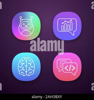 Chatbots App Icons einstellen. UI/UX-Benutzeroberfläche. Virtuelle Assistenten. Code, Statistiken, Unterstützung bots Chat. Moderne Roboter. Digitale Gehirn. AI. Web oder Mobil Stock Vektor