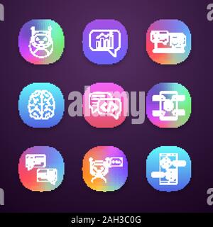 Chatbots App Icons einstellen. UI/UX-Benutzeroberfläche. Grafik, Support, Code, Messenger, bots Chat. Moderne Roboter. Chat-roboter. Virtuelle Assistenten. Web oder Mobil Stock Vektor