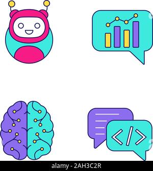 Chatbots farbige Symbole gesetzt. Virtuelle Assistenten. Code, Statistiken, Unterstützung bots Chat. Moderne Roboter. Digitale Gehirn. Chat-roboter. AI. Isolierte Vektor illu Stock Vektor