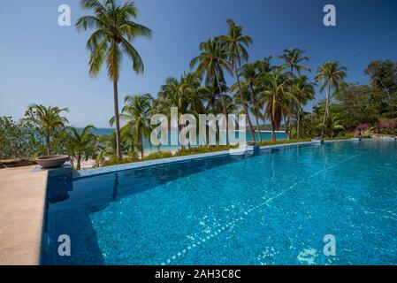 Ein Infinity Pool unter Palmen am Strand, über dem Pazifischen Ozean, Las Perlas Archipel, Panama, Mittelamerika Stockfoto