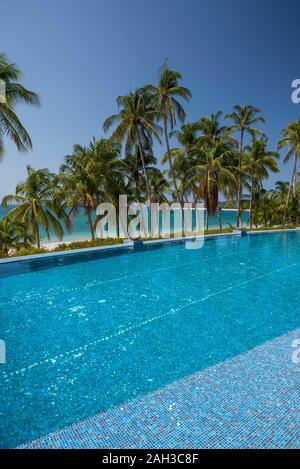 Ein Infinity Pool unter Palmen am Strand, über dem Pazifischen Ozean, Las Perlas Archipel, Panama, Mittelamerika Stockfoto