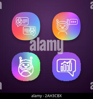 Chatbots App Icons einstellen. UI/UX-Benutzeroberfläche. Virtuelle Assistenten. Grafik und chat Bots. Moderne Roboter. Smartphone Chat-roboter. Web oder mobile applicatio Stock Vektor