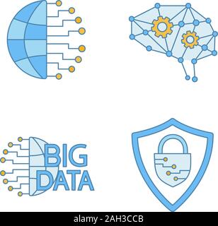 Künstliche Intelligenz farbige Symbole gesetzt. Informationstechnologien. Vertieftes Lernen AI, Big Data, der Cybersicherheit. Isolierte Vektorgrafiken Stock Vektor