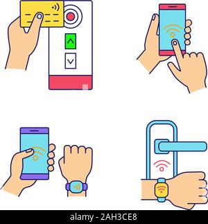 NFC-Technologie color Symbole gesetzt. In der Nähe von Feld credit card reader, Smartphone, Armband, das Türschloss. Isolierte Vektorgrafiken Stock Vektor