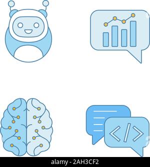 Chatbots farbige Symbole gesetzt. Virtuelle Assistenten. Code, Statistiken, Unterstützung bots Chat. Moderne Roboter. Digitale Gehirn. Chat-roboter. AI. Isolierte Vektor illu Stock Vektor