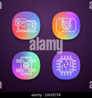 Chatbots App Icons einstellen. UI/UX-Benutzeroberfläche. Virtuelle Assistenten. Messenger und Chat Bots. Prozessor. Moderne Roboter. Smartphone Chat-roboter. Web oder Mo Stock Vektor
