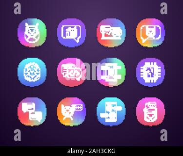 Chatbots App Icons einstellen. UI/UX-Benutzeroberfläche. Chat Bots. Talkbots. Virtuelle Assistenten. Support, Chat, Code, Messenger Bots. Online Helfer. Web oder mob Stock Vektor