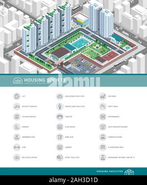 Isometrische Luftaufnahme eines modernen effizienten kooperativen Gehäuse Gesellschaft mit Diensten, Einrichtungen und Personen, Immobilien und Lifestyle Konzept, Stock Vektor