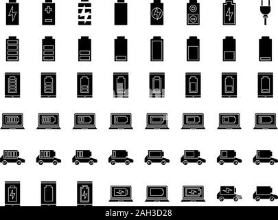 Elektrische Energie Glyphe Symbole gesetzt. Smartphone, Laptop und elektrische Auto aufladen. Elektrische Energie Akkumulation. Ladezustandsanzeige der Batterien. Silhouette Symbole Stock Vektor