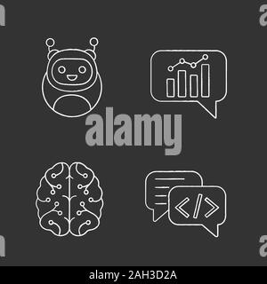 Chatbots chalk Symbole gesetzt. Virtuelle Assistenten. Code, Statistiken, Unterstützung bots Chat. Moderne Roboter. Digitale Gehirn. Chat-roboter. AI. Isolierte Vektor chal Stock Vektor